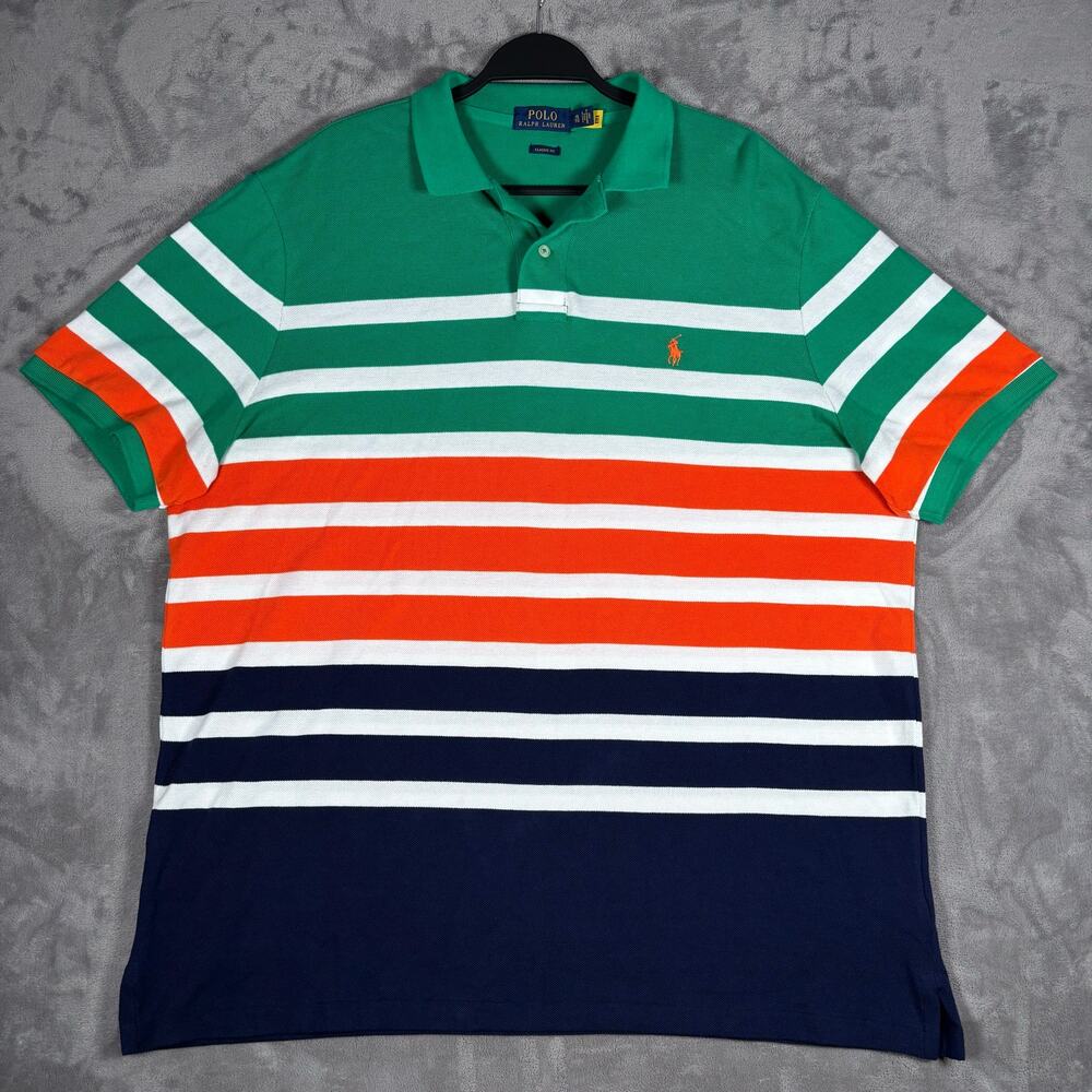 Polo Ralph Lauren Classic Fit Striped Polo Shirt XL Green Orange Navy Cotton